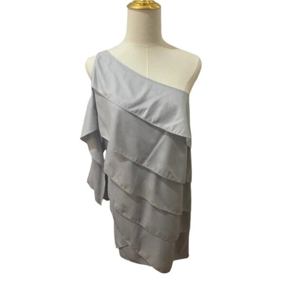 BCBG Women's Mini Dress Tiered Layered Ruffle One Shoulder Tie Sleeve Pale blue - Picture 2 of 16
